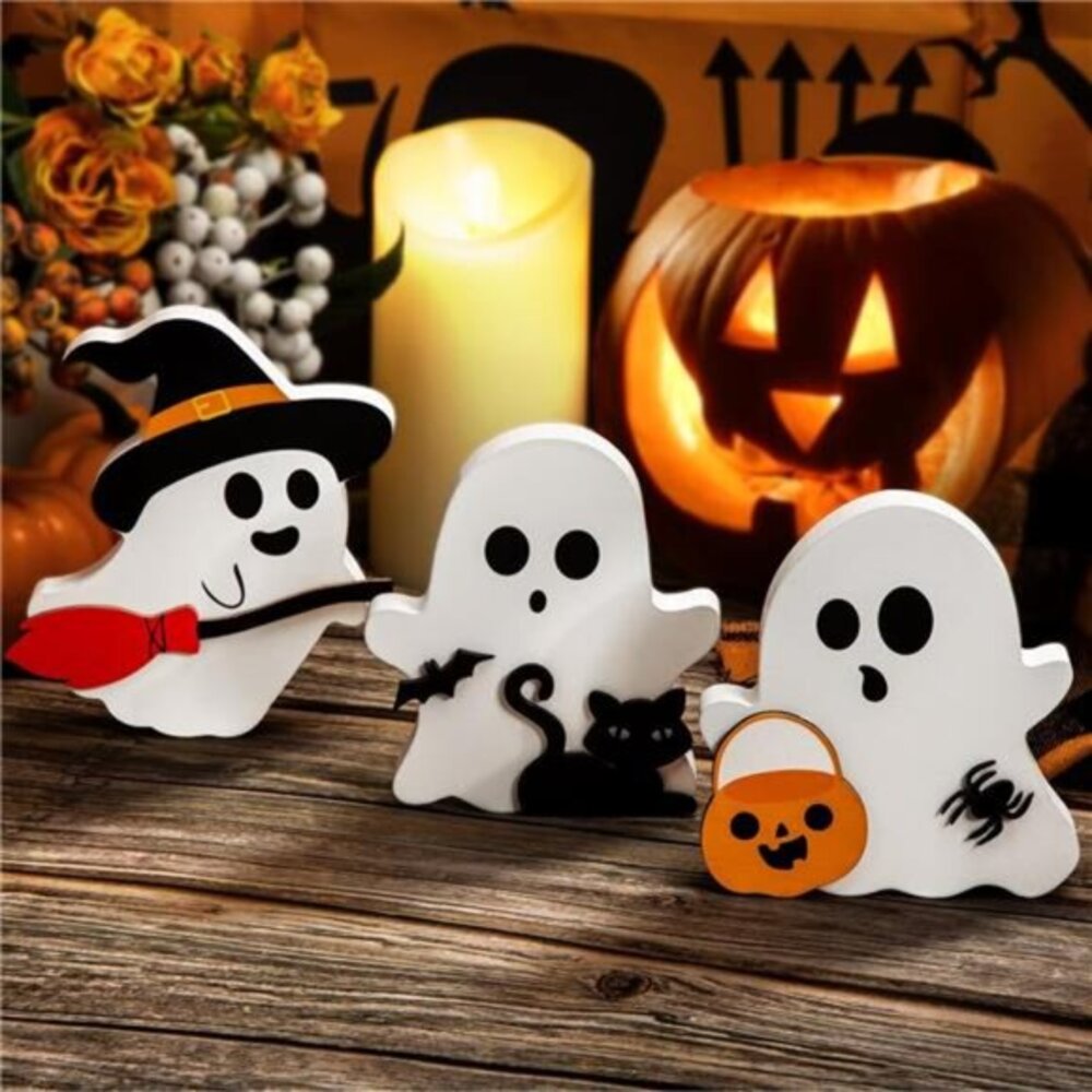 Set of 3 Cute Ghost Halloween Wooden Signs - Tiered Tray Decor with Pumpkin, Cat